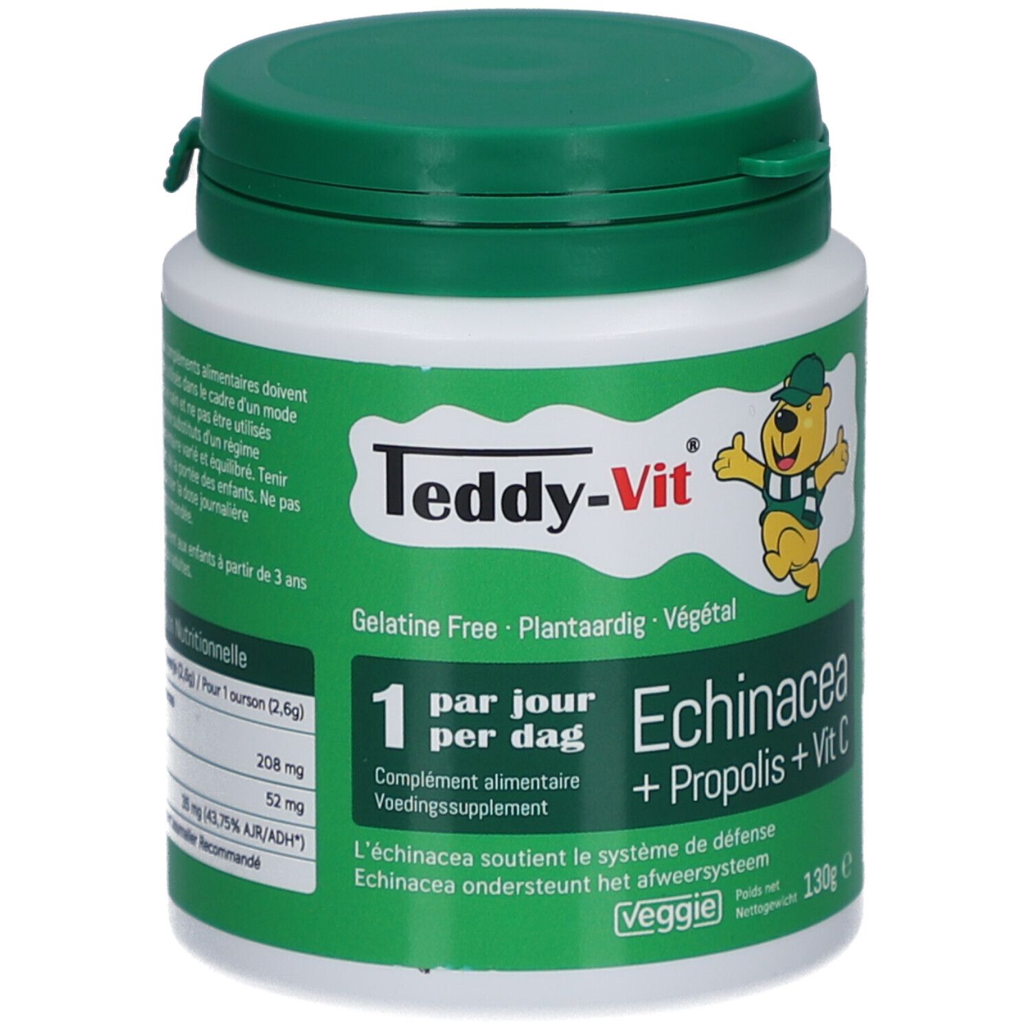 Récipient blanc, couvercle vert. Inscription: Teddy-Vit, Echinacea + Propolis + Vit C. Veggie.