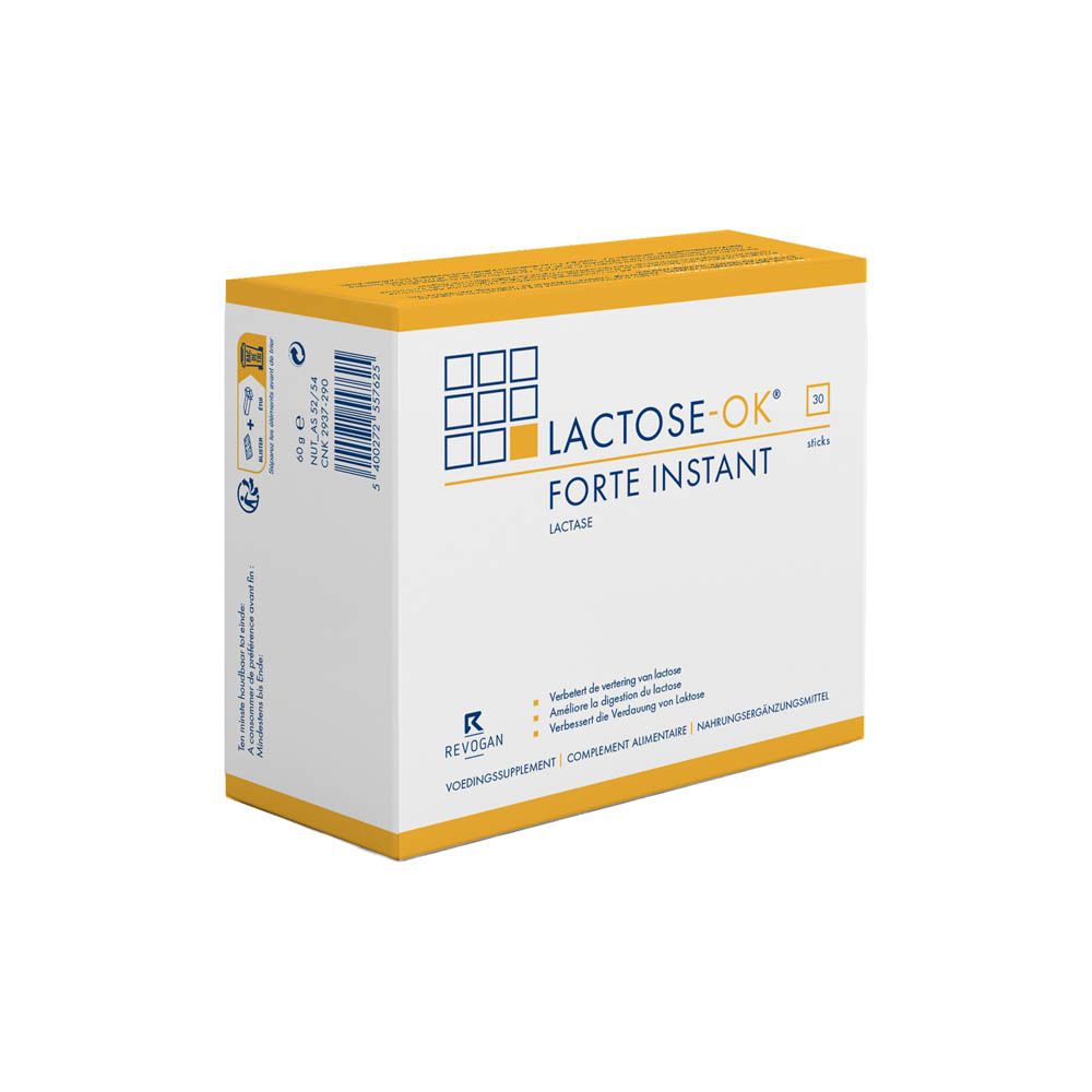 Vrouw drinkt Lactose-OK. Tekst: Bevat lactase, bij lactose-intolerantie, voor de maaltijd.