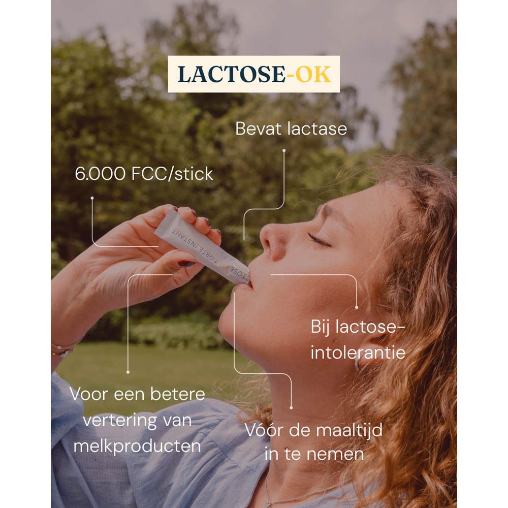 Doos en stick Lactose-OK. Tekst: Verbetert de vertering, bevat lactase, dosering afhankelijk.