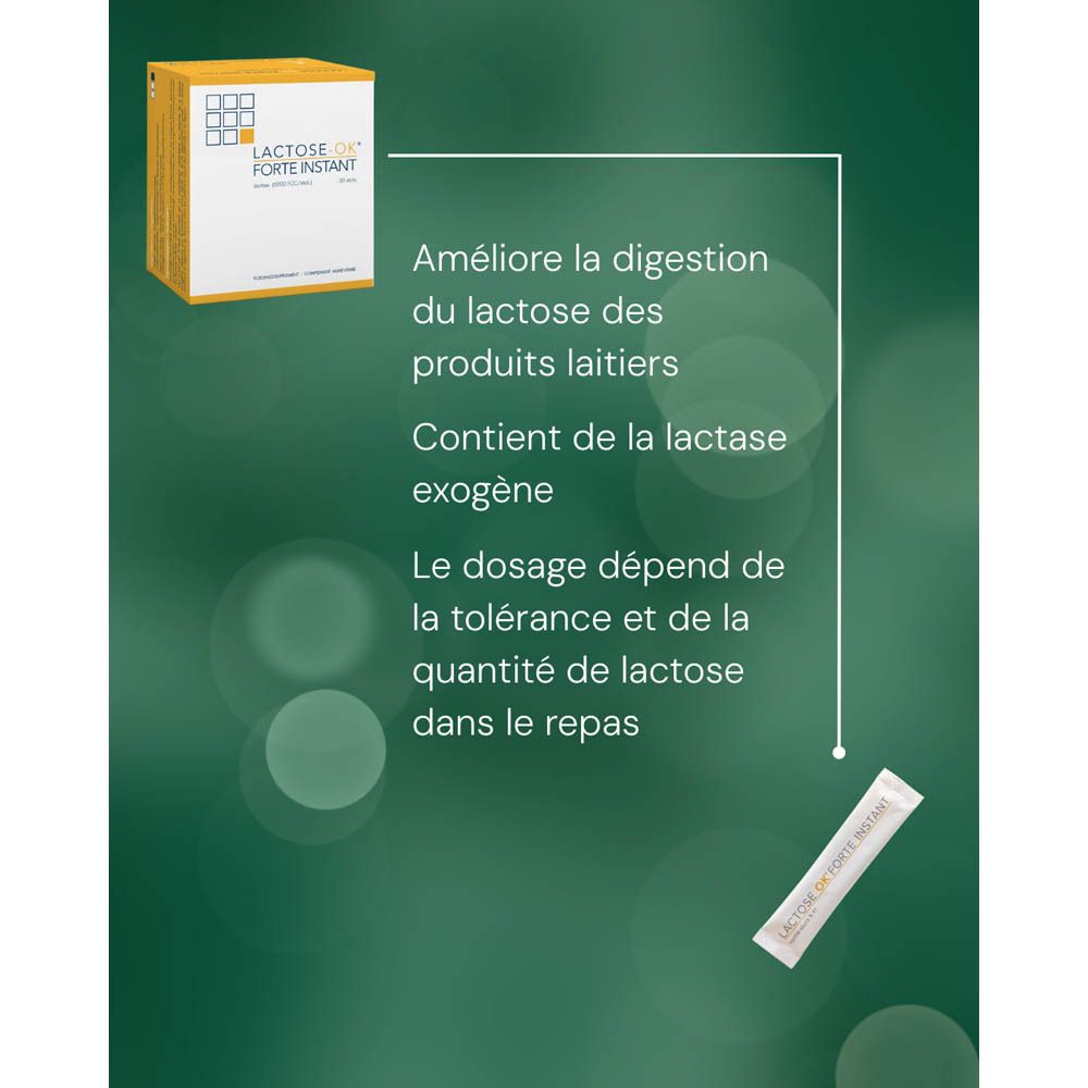Stick et poudre Lactose-OK. Texte: Composition par stick, lactase, 1 stick pour 2 verres de lait.