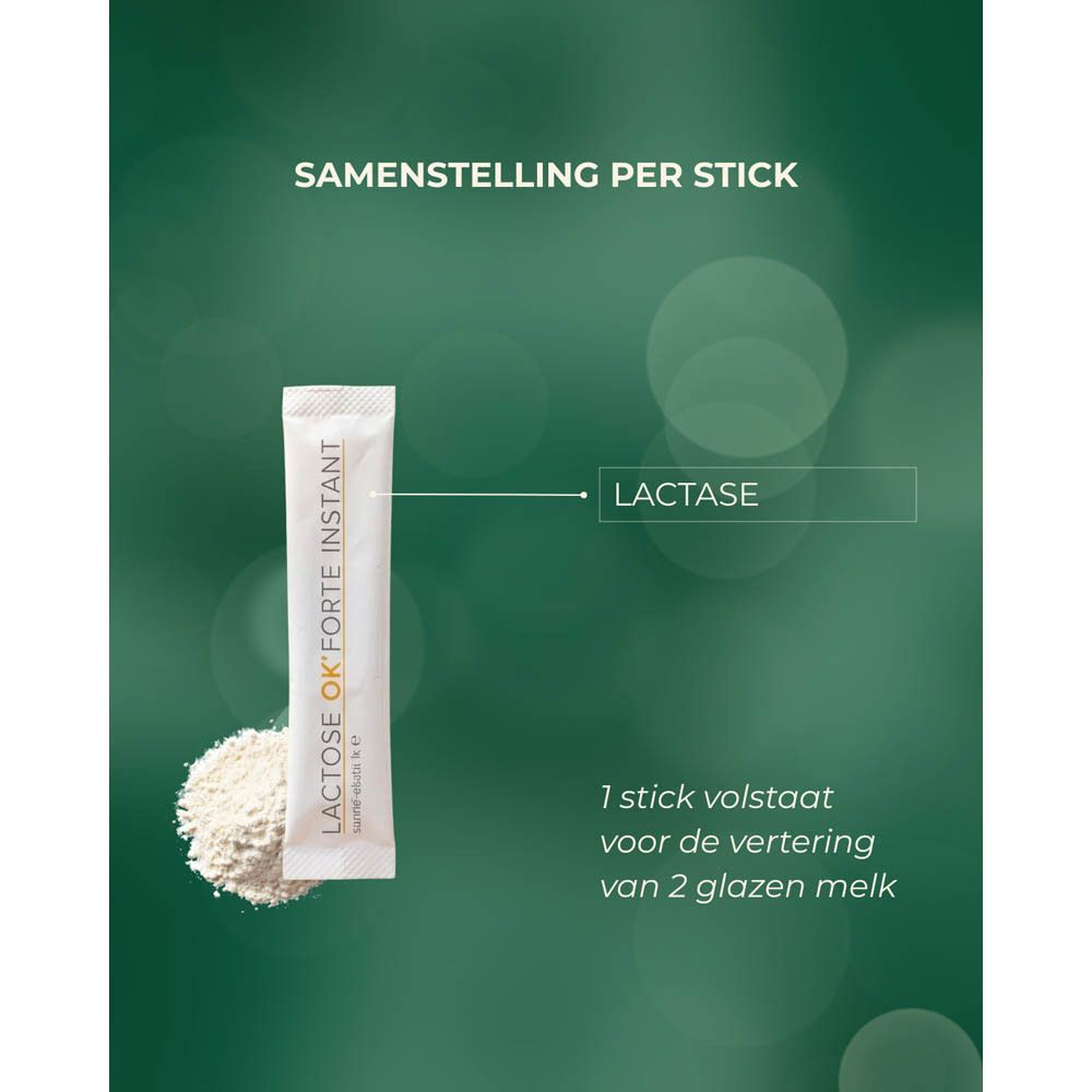 Stick en poeder Lactose-OK. Tekst: Samenstelling per stick, lactase, 1 stick voor 2 glazen melk.