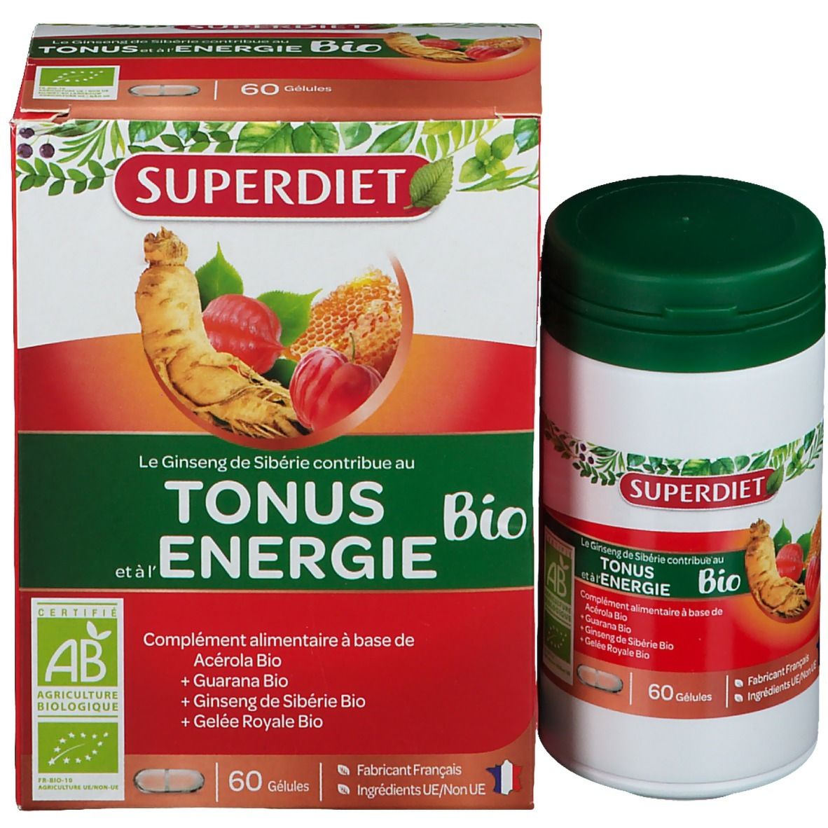 Emballage du produit avec flacon et boîte. Boîte avec inscription SUPERDIET, TONUS & ENERGIE BIO. 60 gélules. Certification AB.