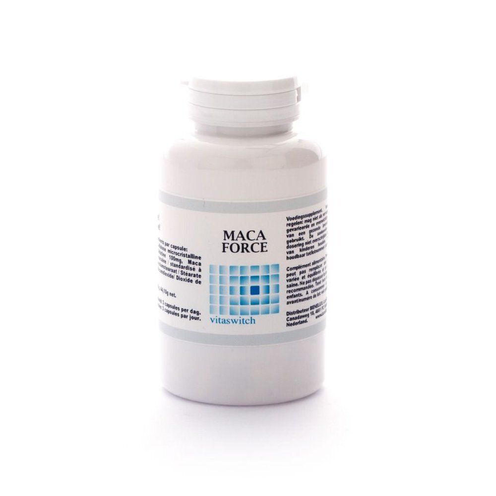 Witte fles met "MACA FORCE". Blauwe vierkante afbeelding. De dop is wit. Opschrift "vitaswitch".