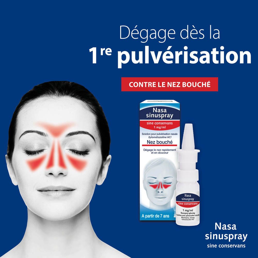 Nasasinuspray® Sine Conservans. Produit et boîte. Femme avec nez rouge. Texte: Nez bouché.