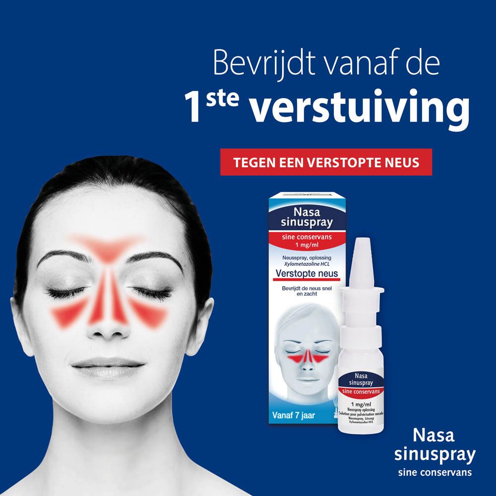 Nasasinuspray® Sine Conservans. Tekst: Bevat ook 3 hydraterende hulpstoffen. Druppel-symbool.