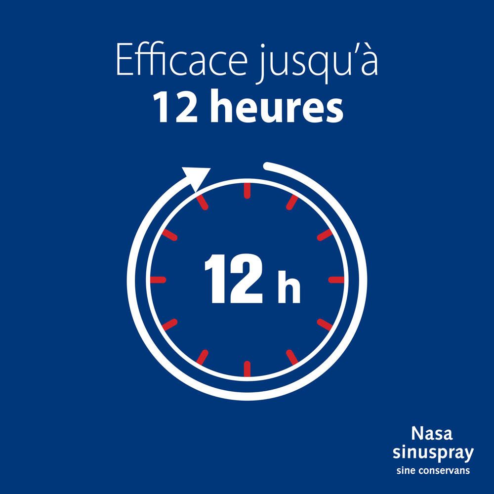 Nasasinuspray® Sine Conservans. Produit et boîte. Femme avec nez rouge. Texte: Nez bouché.