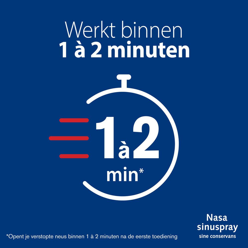 Nasasinuspray® Sine Conservans. Doos. Vrouw met verstopte neus. Tekst: Verstopte neus.