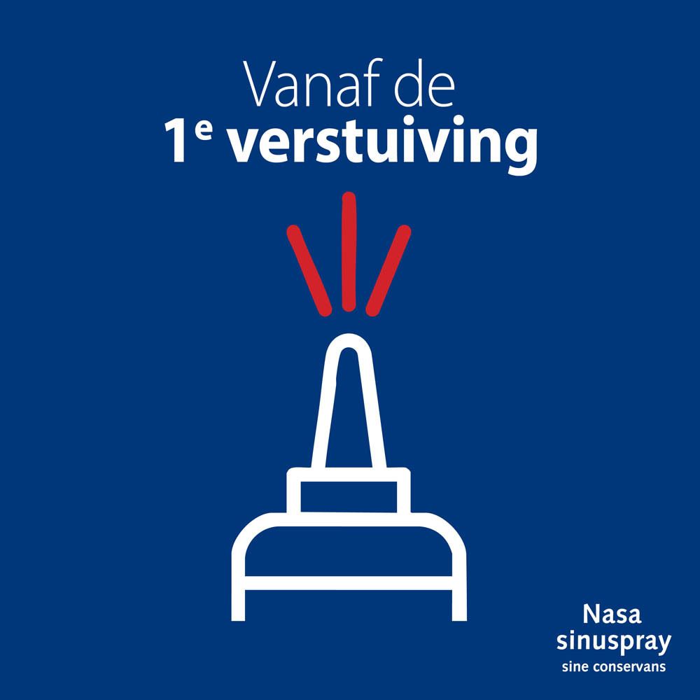 Nasasinuspray® Sine Conservans. Product en doos. Vrouw met rode neus. Tekst: Verstopte neus.