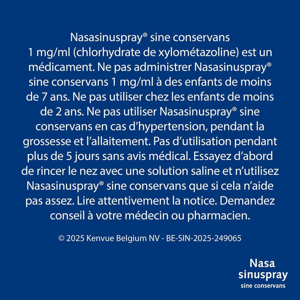 Nasasinuspray® Sine Conservans. Texte: Agit en 1 à 2 minutes. Horloge avec 1-2 min.