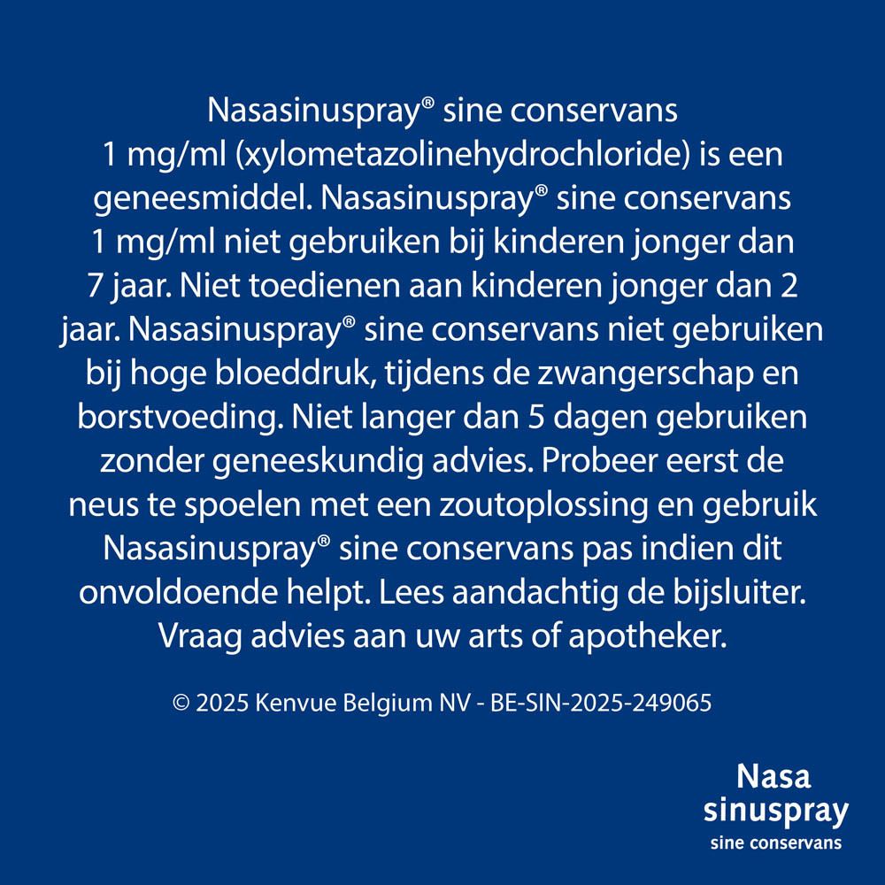 Nasasinuspray® Sine Conservans. Tekst: Werkt binnen 1 à 2 minuten. Klok met 1-2 min.