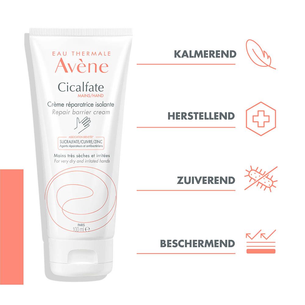Avène Cicalfate handcrème tube met belettering en toepassingspictogrammen.