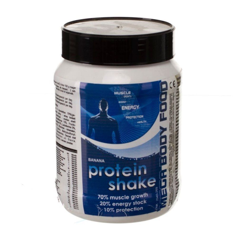 Witte eiwitshake-pot met zwarte deksel. Opschrift: Protein Shake, Banana, Mega Body Food. Blauwe afbeelding met tekst.