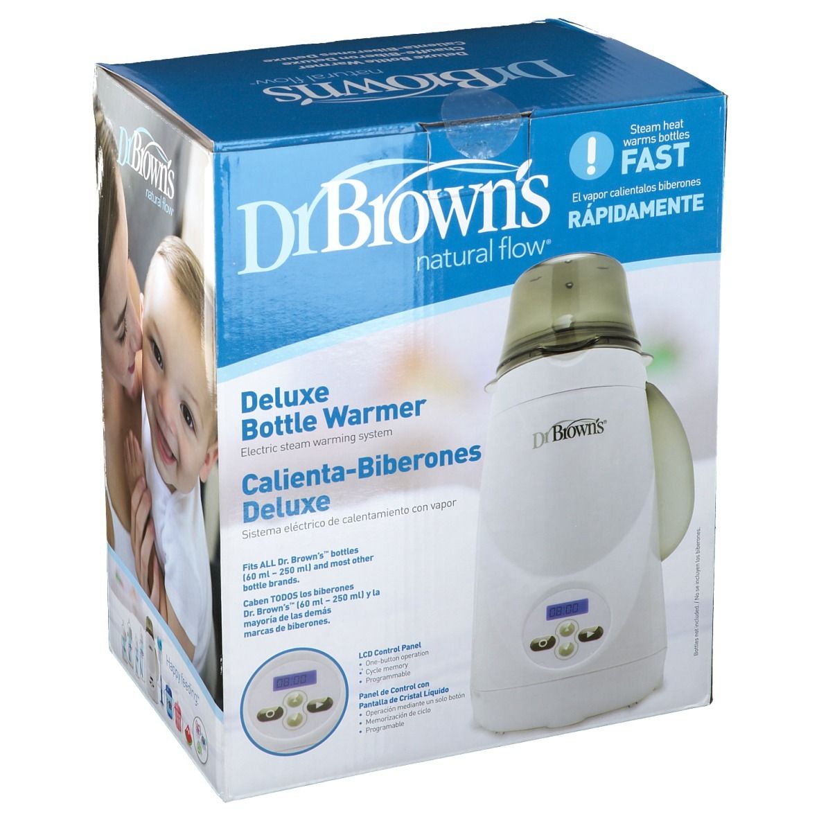 Verpakking van de Dr. Brown's Deluxe flessenwarmer. Wit apparaat met LCD-scherm, op blauwe doos. Tekst: Deluxe Bottle Warmer.