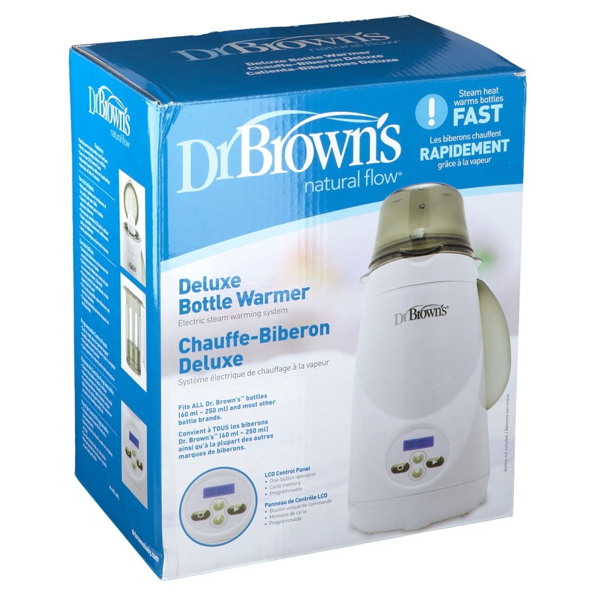 Verpakking van de Dr. Brown's Deluxe flessenwarmer. Wit apparaat met LCD-scherm, op blauwe doos. Tekst: Deluxe Bottle Warmer.