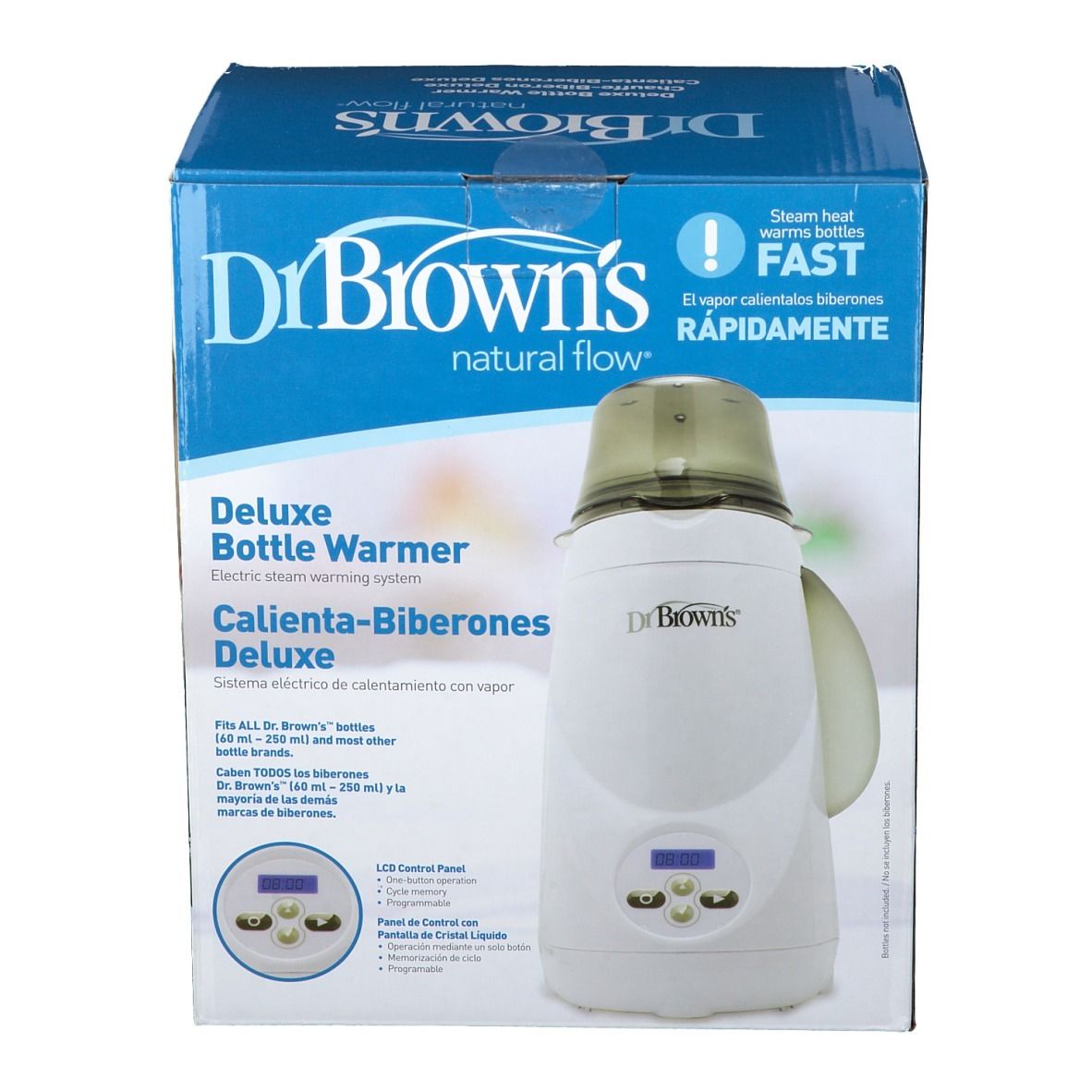 Verpakking van de Dr. Brown's Deluxe flessenwarmer. Wit apparaat met LCD-scherm, op blauwe doos. Tekst: Deluxe Bottle Warmer.