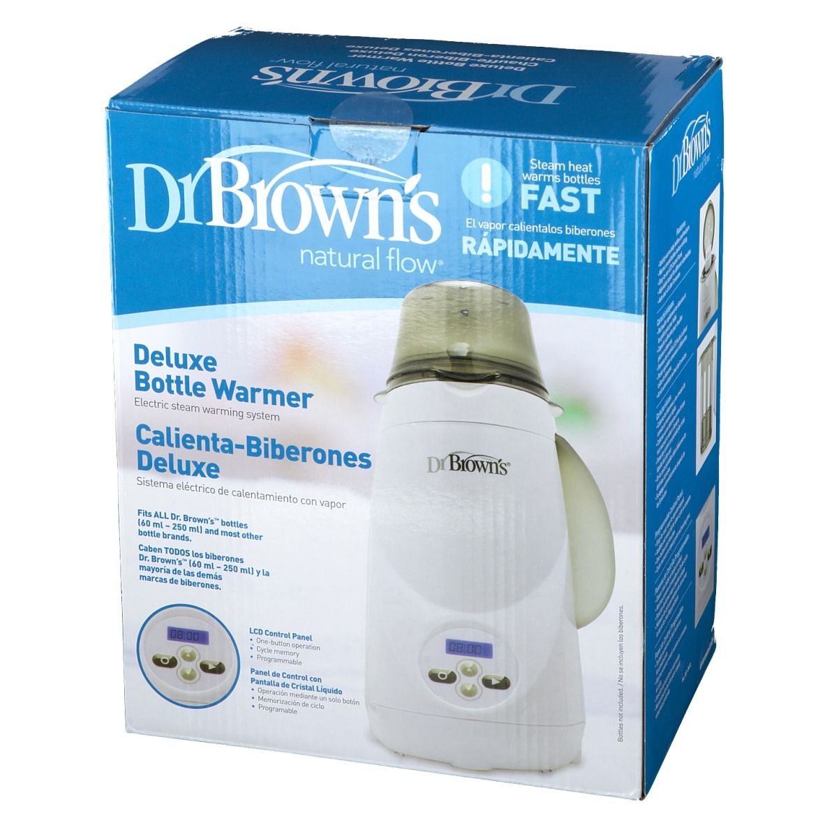 Verpakking van de Dr. Brown's Deluxe flessenwarmer. Wit apparaat met LCD-scherm, op blauwe doos. Tekst: Deluxe Bottle Warmer.