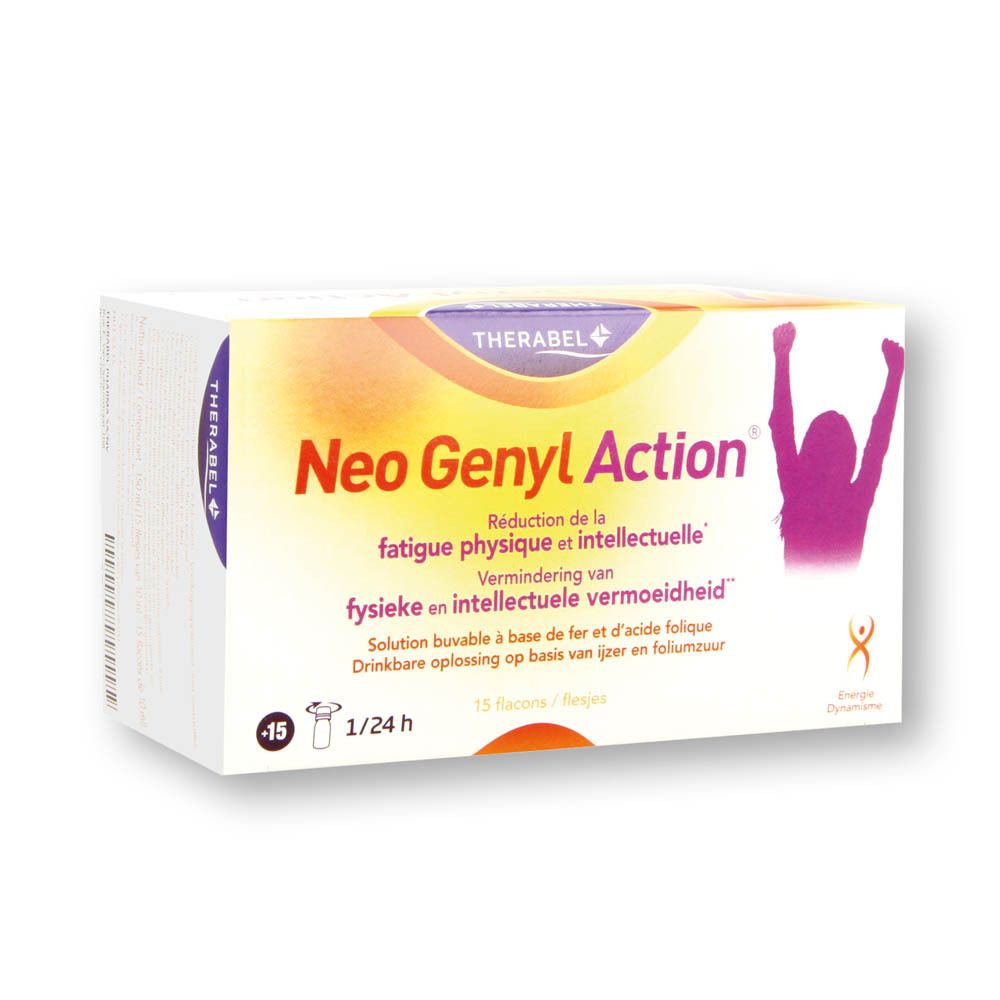 Reclame Neo Genyl Action. Vrouw springt. Tekst: Le boost d'énergie spécialement pour les femmes.