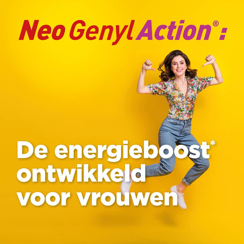 Tekstpagina Neo Genyl Action. Informatie over de dagelijkse inname van ijzer en foliumzuur.