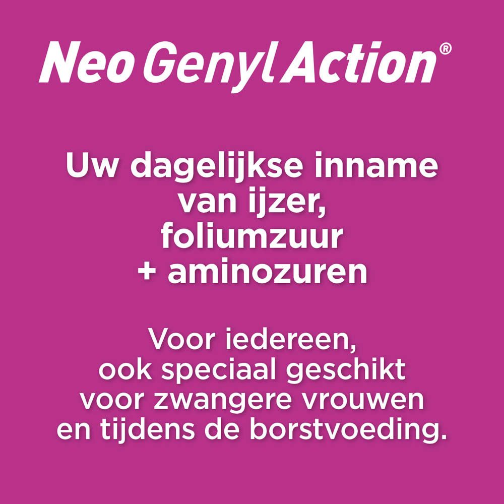 Tekstpagina Neo Genyl Action. Informatie over gebruik en waarschuwingen.