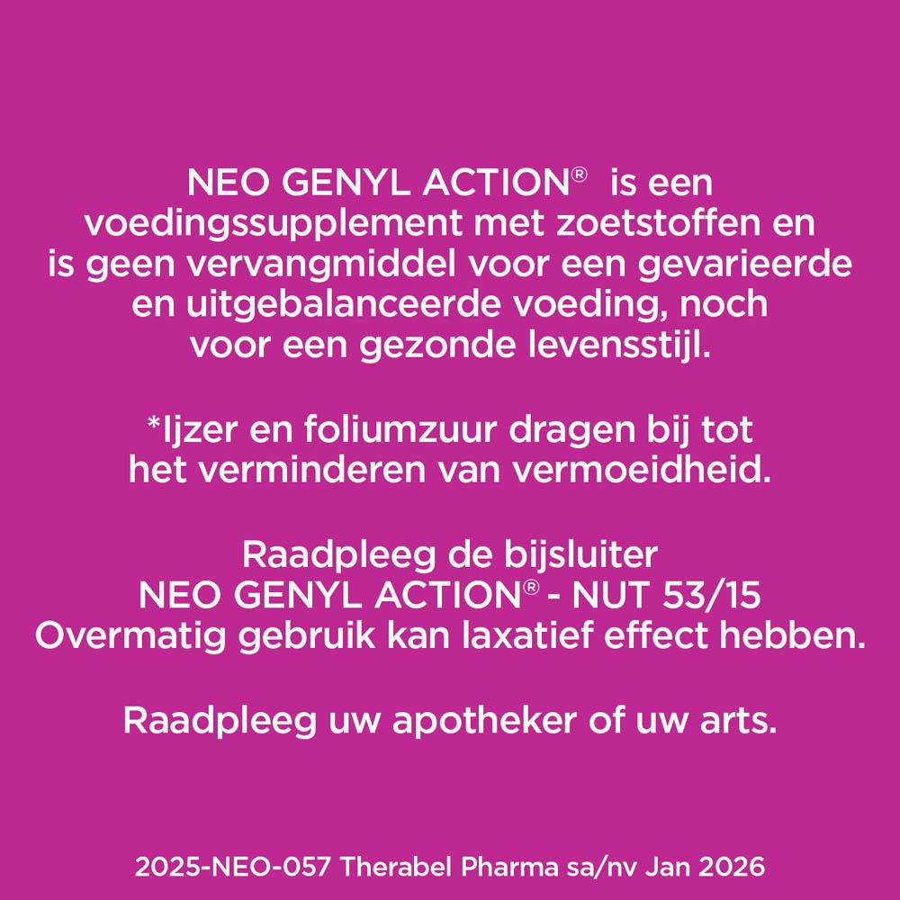 Tekstpagina Neo Genyl Action. Informatie over vitaminen en mineralen per flesje.