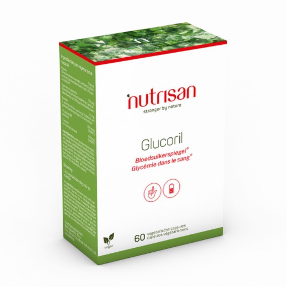 Witte doos met Nutrisan-logo en Glucoril-tekst. Bevat 60 capsules. Tekst in het Nederlands en Frans.