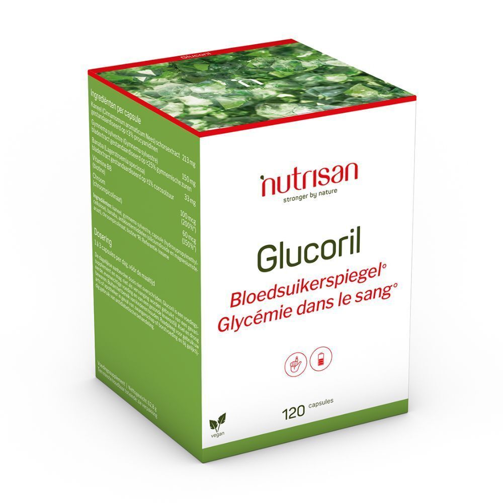 Doos Nutrisan Glucoril, 120 capsules. Opschrift: Bloedsuikerspiegel. Groen-wit design. Bovenkant bladeren.
