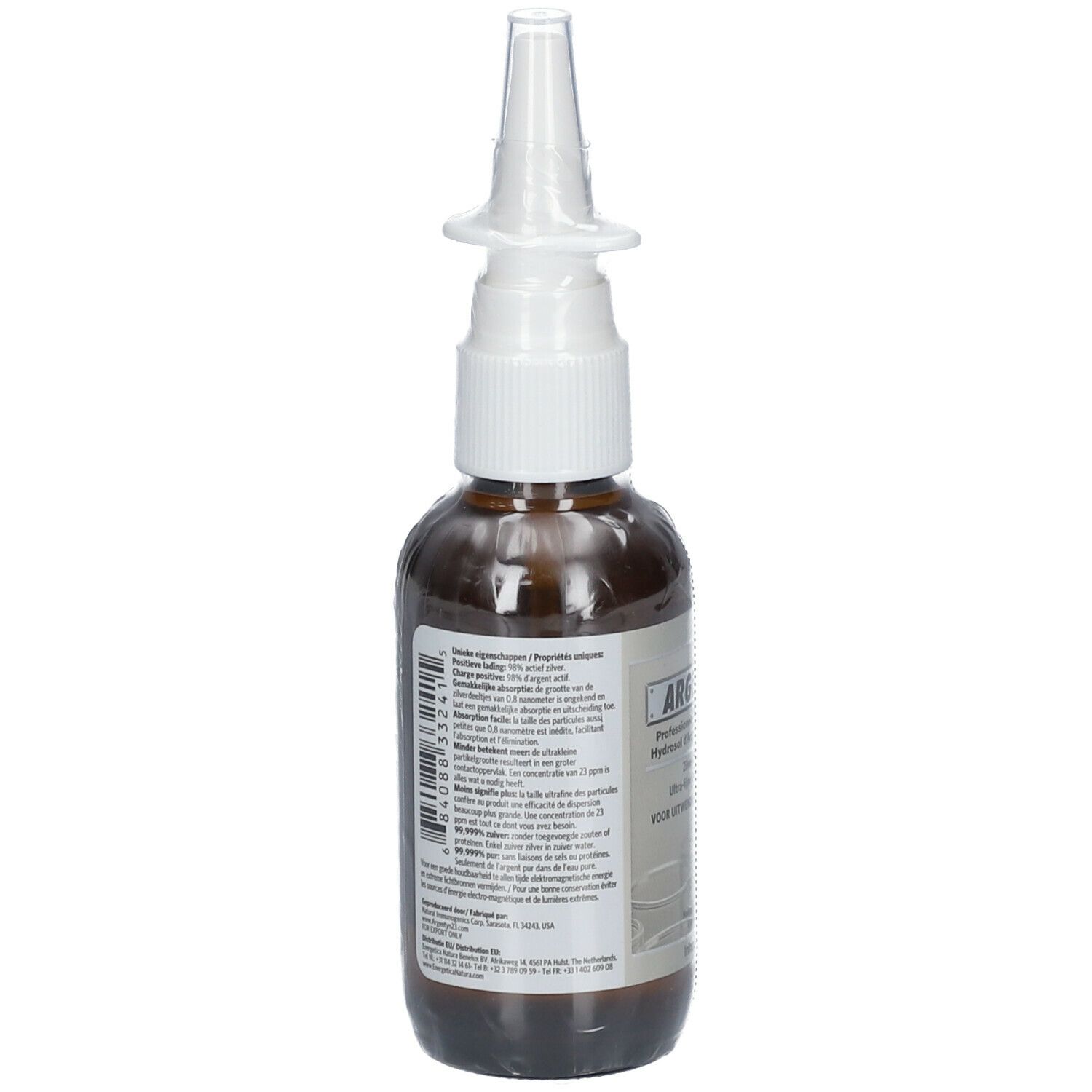 Dos d'un flacon en verre brun avec pulvérisateur blanc. Texte sur l'étiquette.