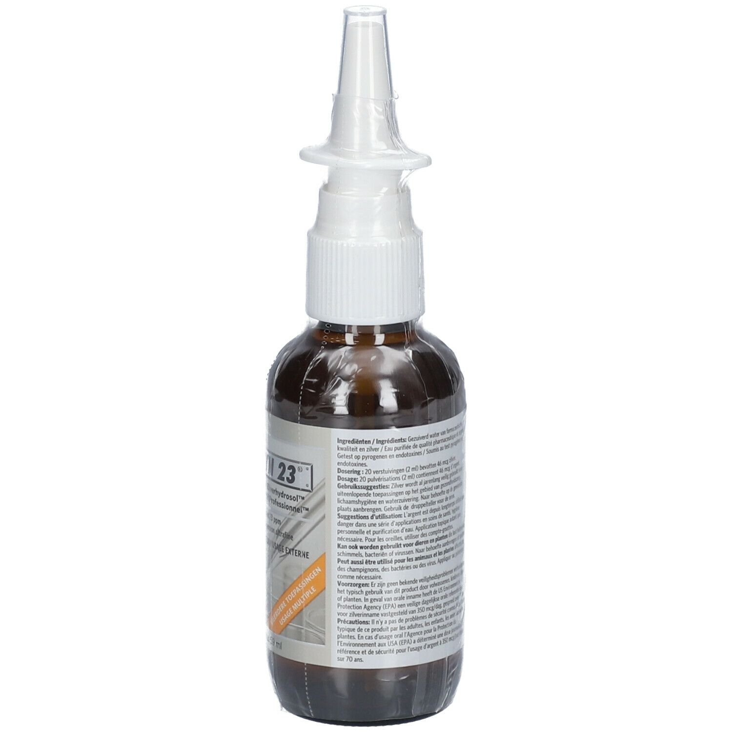 Flacon en verre brun avec pulvérisateur blanc. Étiquette avec texte.