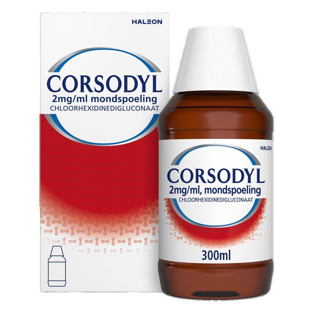 Corsodyl fles en doos. Opschrift Corsodyl. Antibacteriële werking.