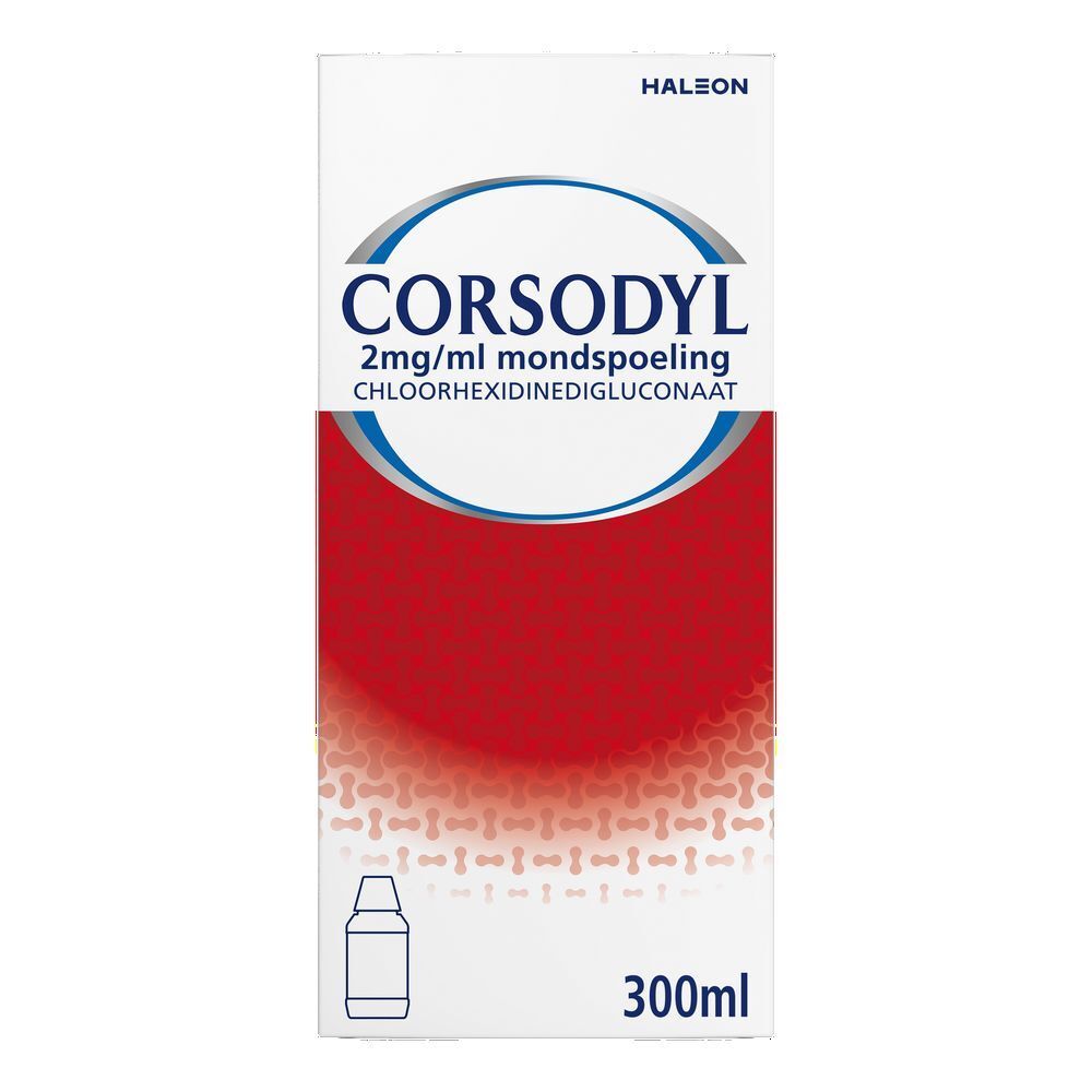 Corsodyl doos. Opschrift Corsodyl. Antibacteriële werking.