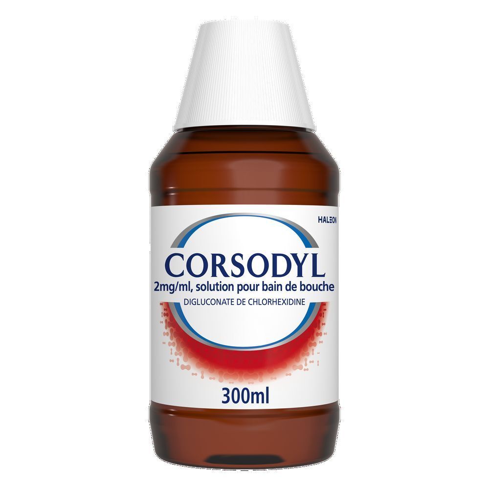 Flacon et boîte Corsodyl. Inscription Corsodyl. Action antibactérienne.