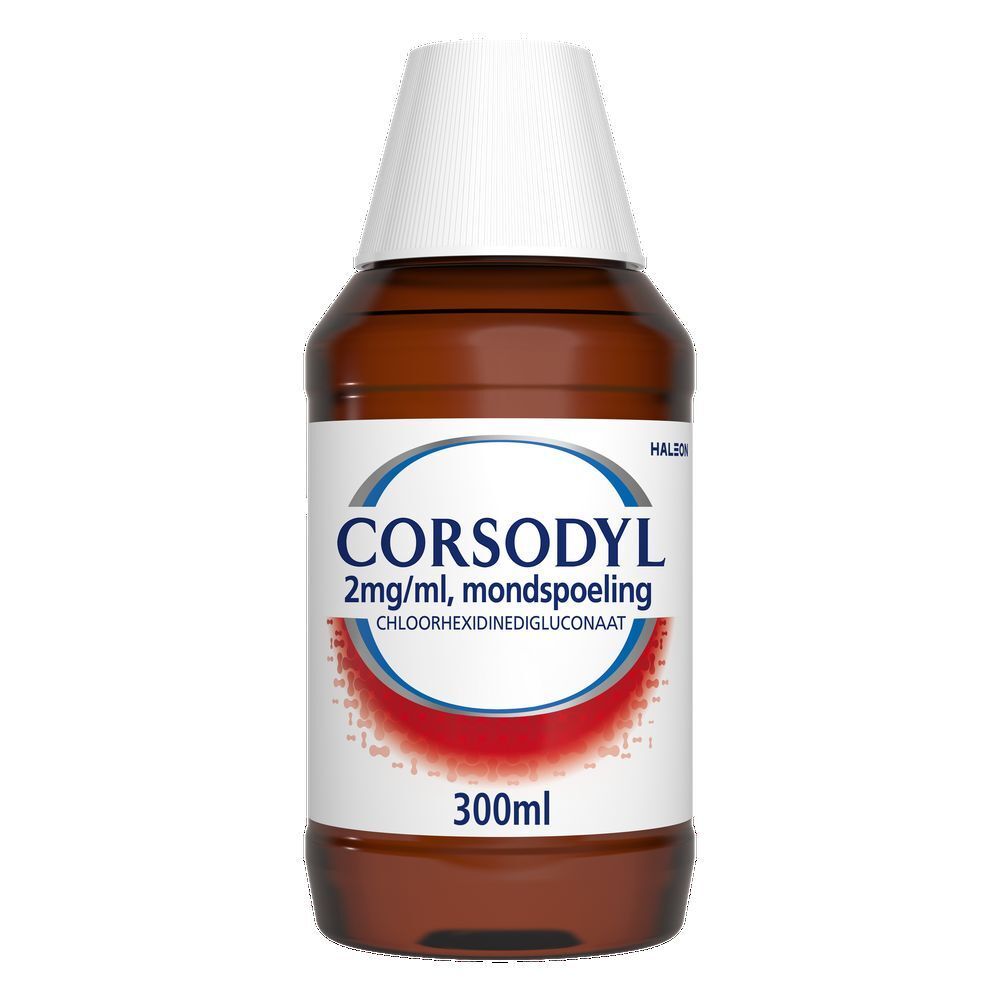 Corsodyl fles en doos. Opschrift Corsodyl. Antibacteriële werking.