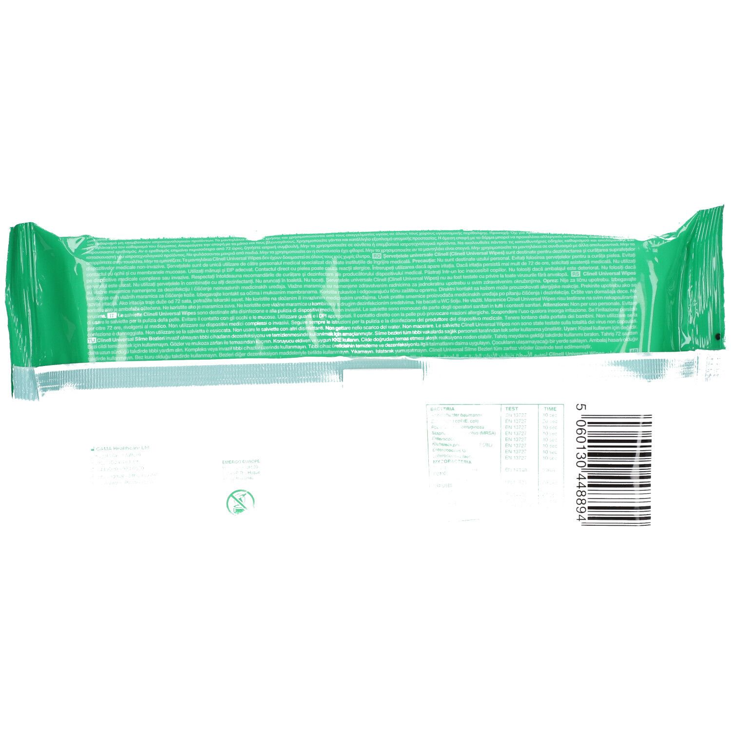 Dos de l'emballage des lingettes Clinell Universal. Emballage vert et blanc avec code-barres et texte.