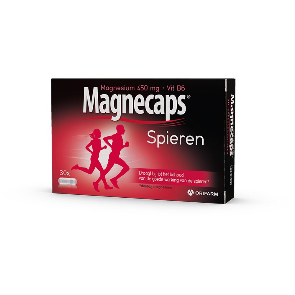 Zwarte doos Magnecaps Spieren. Opschrift: Magnesium 450 mg + Vit B6. Bevat 30 capsules. Illustratie van hardlopers.