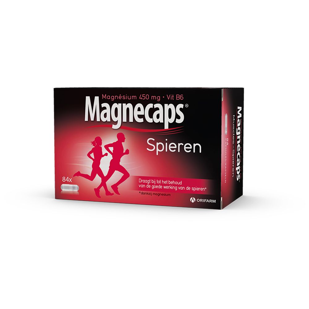 Verpakking Magnecaps Spieren. Bevat 84 capsules. Opschrift: Magnesium 450 mg + Vit B6. Twee rennende personen.