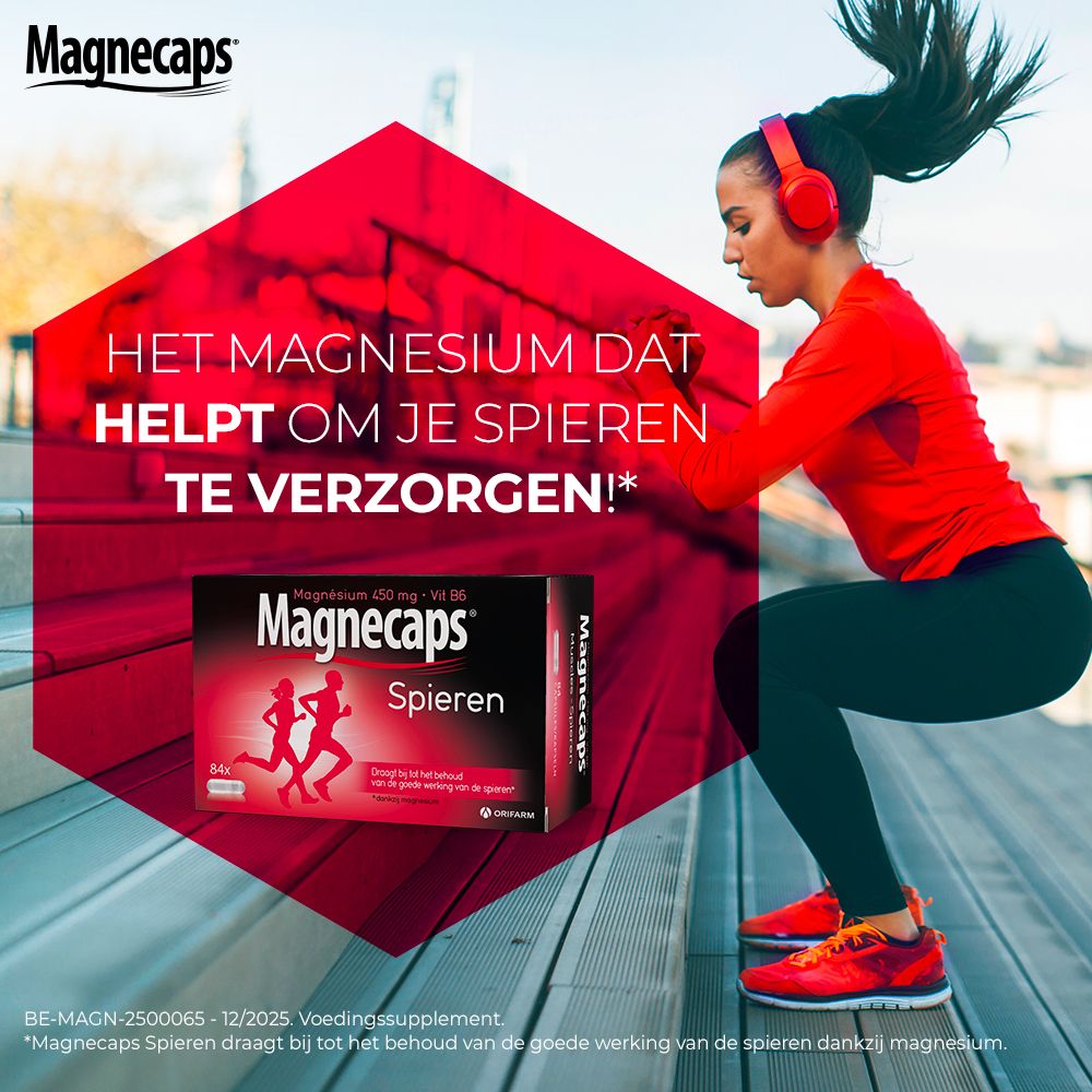 Verpakking Magnecaps Spieren. Bevat 84 capsules. Opschrift: Magnesium 450 mg + Vit B6. Twee rennende personen.