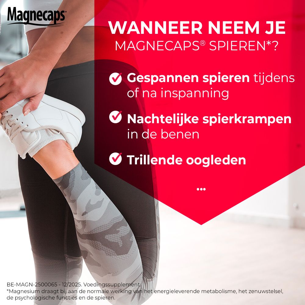 Verpakking Magnecaps Spieren. Bevat 84 capsules. Opschrift: Magnesium 450 mg + Vit B6. Twee rennende personen.
