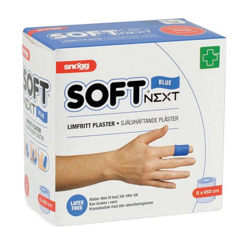 Blauw pleister op vinger. Verpakking met SOFT NEXT BLUE. 6 x 450 cm. Latexvrij.