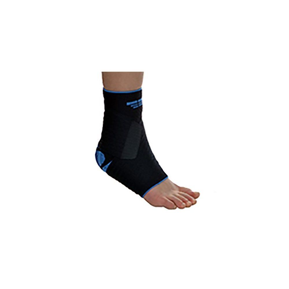 Enkelbrace, zwart met blauwe accenten. Klittenbandsluiting. Zijaanzicht van het product.