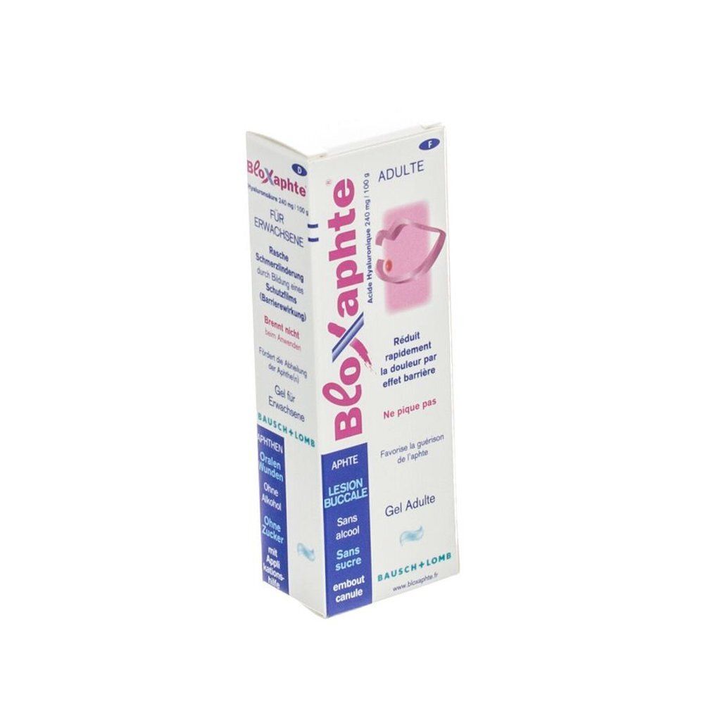 Boîte avec nom du produit et informations. Logo rose. Texte: Gel pour adulte, sans alcool, sans sucre, avec applicateur.