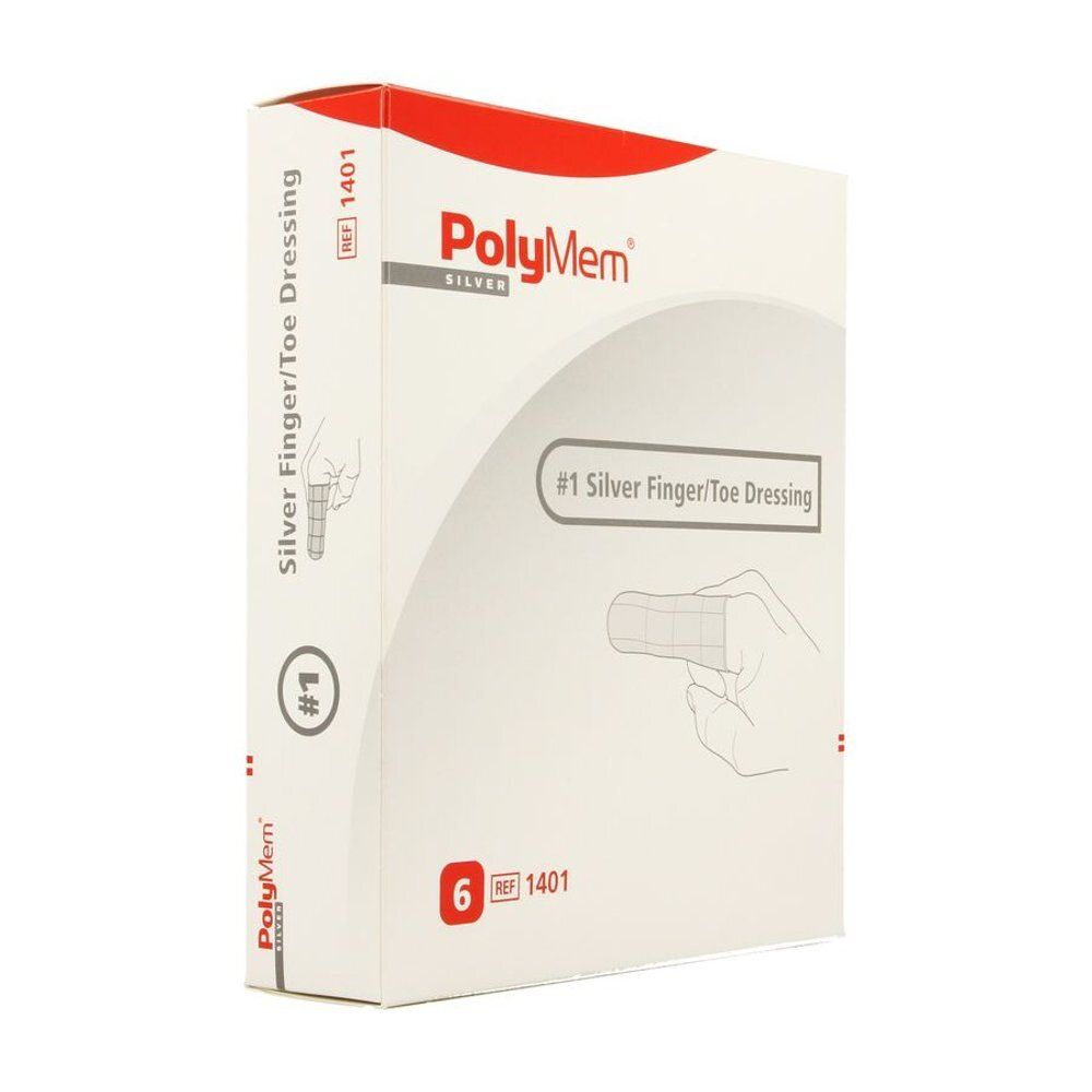 Verpakking met Polymem Silver Finger/Toe Dressing. Opschrift: #1 Silver Finger/Toe Dressing, 6 stuks, REF 1401. Merk: PolyMem Silver.