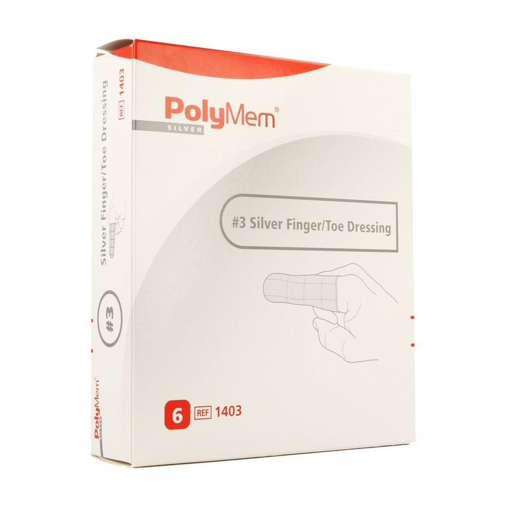 Boîte de Polymem Silver Finger/Toe Dressing. Inscription : #3 Silver Finger/Toe Dressing, 6 unités, REF 1403. Marque : PolyMem Silver.