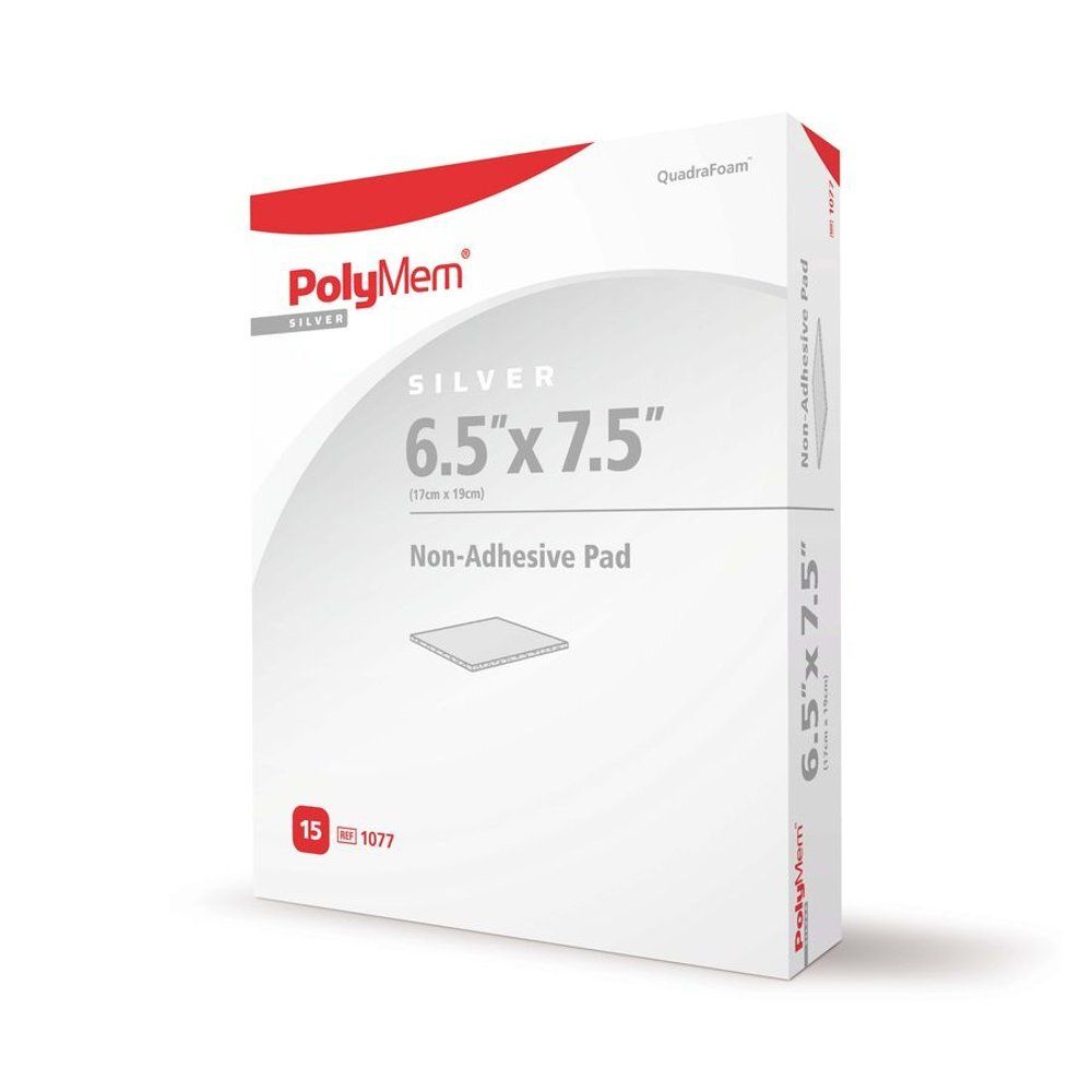 Verpakking van Polymem Silver Non-Adhesive Pad. Wit, met rode en grijze tekst. Toont productafbeelding en maatindicatie.