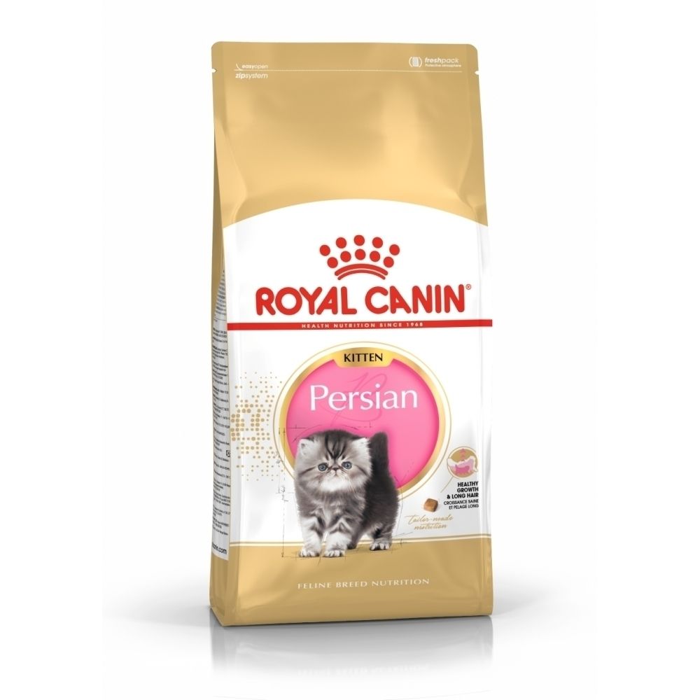 Gouden verpakking voor Royal Canin Persian Kitten voer met afbeelding van een kitten.