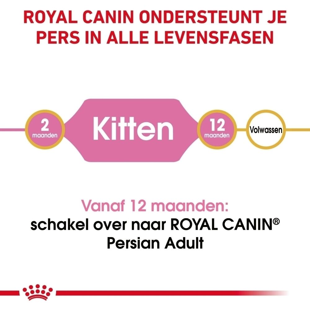 Grafiek toont levensfasen van katten: 2 maanden (kitten), 12 maanden en volwassen. Advies voor voerverandering.