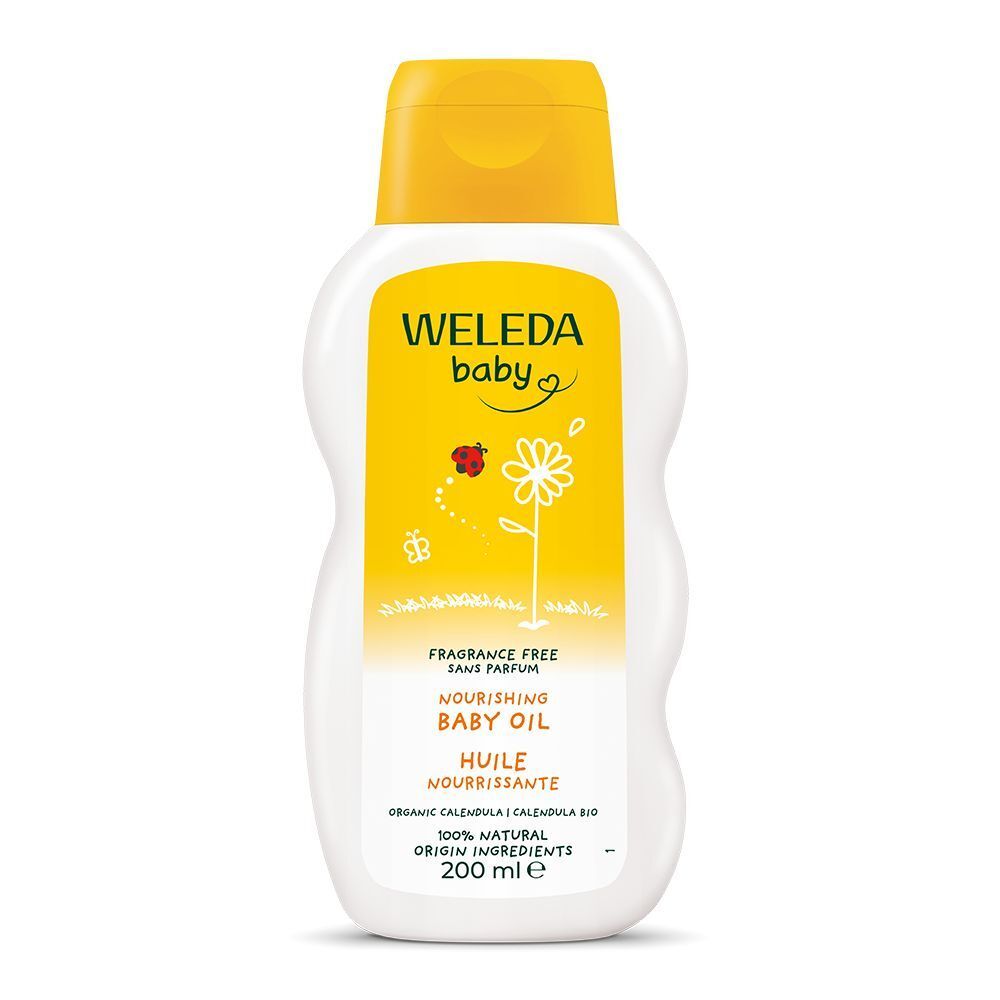 Weleda Baby olie, gele fles met gele dop. Opschrift: Weleda Baby, Calendula, 100% natuurlijke ingrediënten, 200 ml.