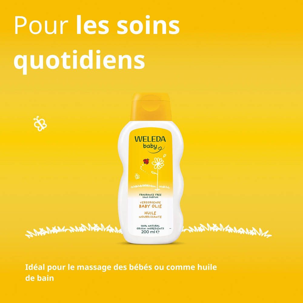 Flacon d'huile Weleda Baby sur fond jaune. Texte: Pour les soins quotidiens. Idéal pour le massage des bébés.
