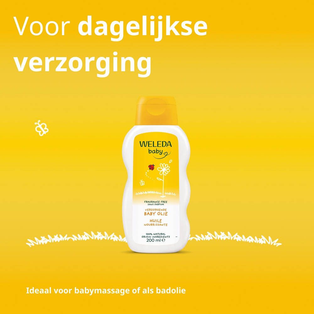 Weleda Baby oliefles op gele achtergrond. Tekst: Voor dagelijkse verzorging. Ideaal voor babymassage.