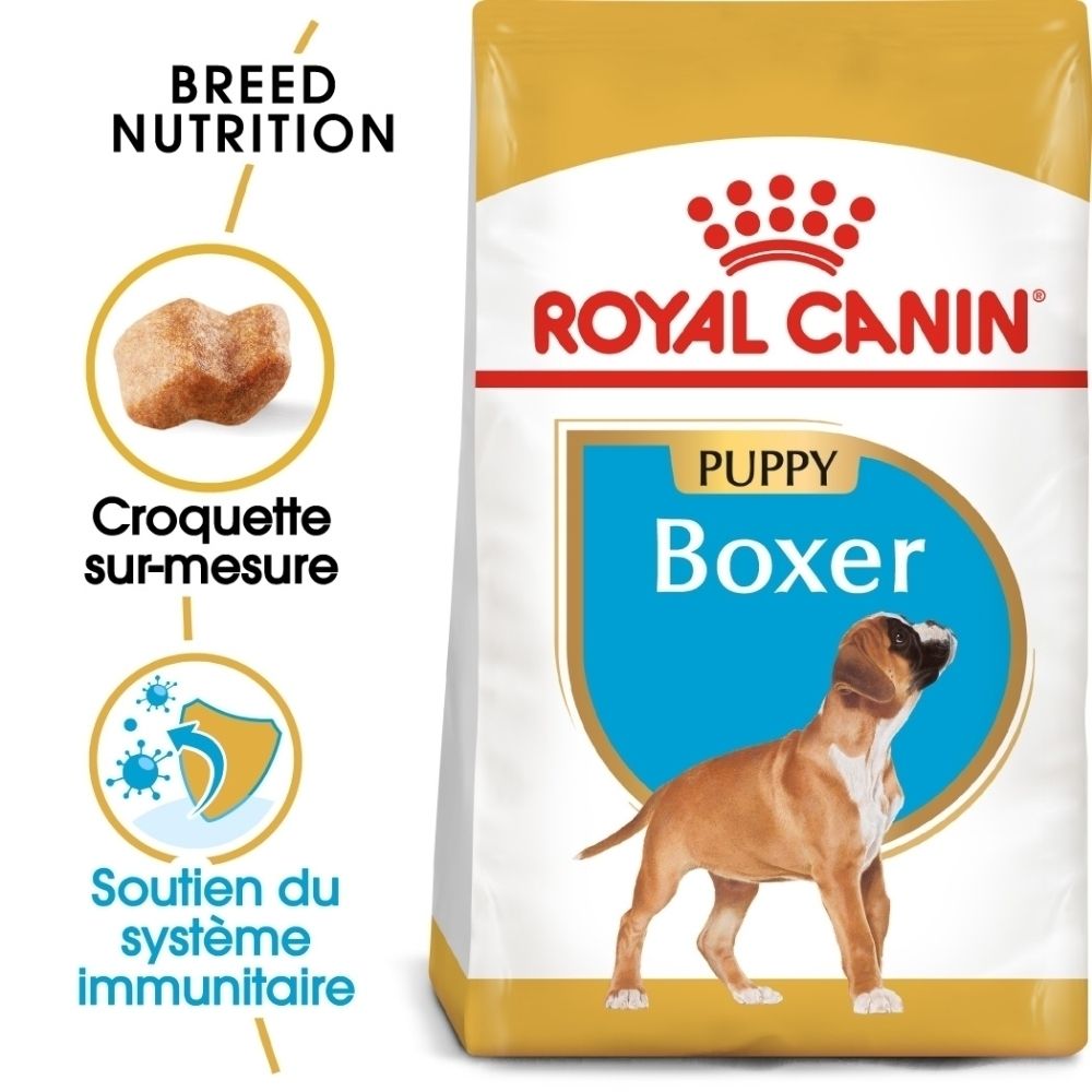 Sac de nourriture Royal Canin Boxer Puppy avec image d'un chiot Boxer et texte "Breed Nutrition".