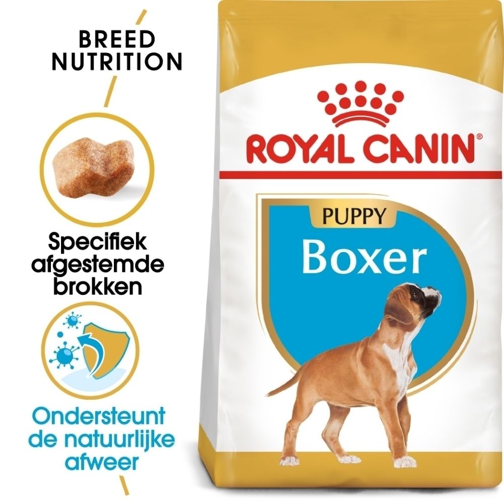 Royal Canin Boxer Puppy hondenvoer zak met afbeelding van Boxer pup en productinformatie.